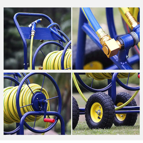 Built Like A Tank Heavy Duty Garden Hose Cart With Spray Gun, all steel hand push reel with yellow hose and wheels.