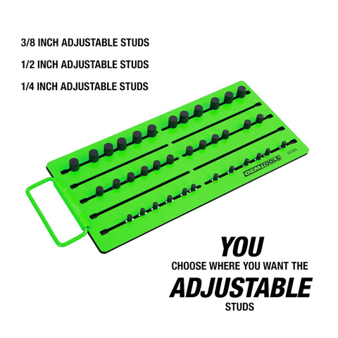 Pro Magnetic Socket Tray With Customizable Ratchet Organizer And Adjustable Drive Studs, green five-row socket holder