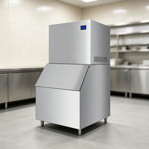 Heavy Duty Commercial Ice Maker Pumping Out Crisp Clear Cubes On The Fly With Stainless Steel Frame in industrial kitchen.
