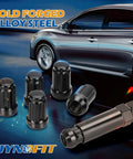 20 Piece 1/2-20 Wheel Locking Lug Nut Kit With 6 Spline Closed End shown next to car with text 'Cold Forged Alloy Steel'