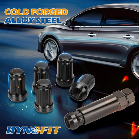 20 Piece 1/2-20 Wheel Locking Lug Nut Kit With 6 Spline Closed End shown next to car with text 'Cold Forged Alloy Steel'