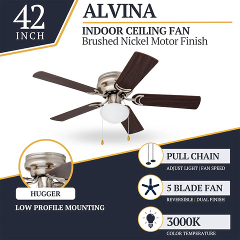 42 Inch Traditional Flush Mount Ceiling Fan With Light, Reversible Motor, Pull Chain, Dual Finish Blades In Brushed Nickel