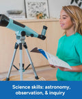 Beginner Kids Telescope For Astronomy With 10x To 50x Adjustable Magnification, Easy Setup For Stargazing And Planet Viewing, Kid Friendly Home Or Classroom STEM Gift For Ages 7 Plus on tripod, child using worksheet