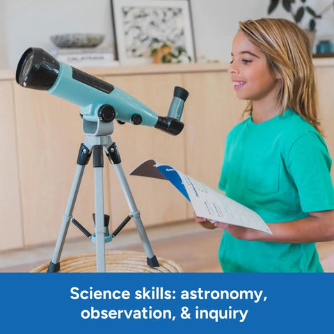 Beginner Kids Telescope For Astronomy With 10x To 50x Adjustable Magnification, Easy Setup For Stargazing And Planet Viewing, Kid Friendly Home Or Classroom STEM Gift For Ages 7 Plus on tripod, child using worksheet