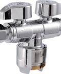 Game Changer Dual Shut Off Quarter Turn Ball Valve With Push To Connect Brass Fittings And Chrome Finish For Pex Copper Cpvc Pipes Quick Wet Line Hookup No Sweat Install Smooth Flow Control, showing dual ports and chrome finish.