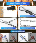 Installation steps for Heavy Duty Outdoor String Light Hanging Kit with 246ft stainless steel wire, turnbuckles, carabiners.