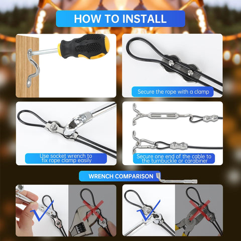 Installation steps for Heavy Duty Outdoor String Light Hanging Kit with 246ft stainless steel wire, turnbuckles, carabiners.