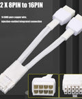 Angled front view of two industrial white braided 8-pin to 16-pin PCIe power cables.