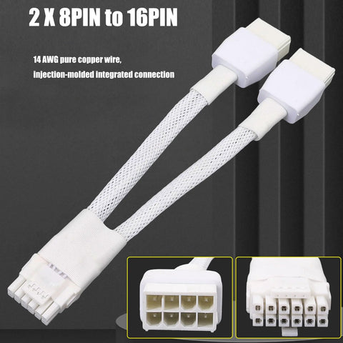 Angled front view of two industrial white braided 8-pin to 16-pin PCIe power cables.