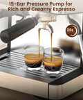 15 Bar Espresso Machine With Built In Anti Clog Grinder And Stainless Steel Coffee Maker 77.8 Oz Removable Water Tank