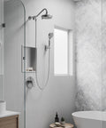 Straight-Up Rain Shower Head With Handheld Spray, 7-Inch Chrome Rainfall Showerhead, mounted in a modern bathroom setting.
