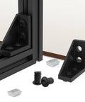 2040 Aluminum Extrusion Connector Kit for 20x20mm frames, black corner bracket, M5 T nuts, screws, close-up of fast 90 degree build.