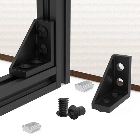 2040 Aluminum Extrusion Connector Kit for 20x20mm frames, black corner bracket, M5 T nuts, screws, close-up of fast 90 degree build.