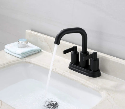 Matte Black Two Handle Bathroom Faucet With Push Up Pop Up Drain Sleek 4 Inch Centerset Lavatory Faucet Lead Free Certified By cUPC NSF Solid Brass Waterway Stainless 304 Drip Free Easy 3 Hole 4 Inch Install in bathroom setting