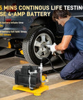 Hassle Free Cordless Air Compressor Pump Throwing Down A Solid 116 Psi, Silent Operation At Sixty Five Decibels, Batteries Sold Separate But Fit All Major Systems, Light As A Feather For Framing And Roofing Jobs, inflating a tire with a black and yellow compressor.