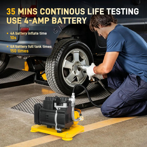 Hassle Free Cordless Air Compressor Pump Throwing Down A Solid 116 Psi, Silent Operation At Sixty Five Decibels, Batteries Sold Separate But Fit All Major Systems, Light As A Feather For Framing And Roofing Jobs, inflating a tire with a black and yellow compressor.