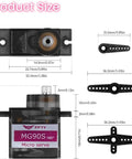 Dimensions of Ten Pack Metal Gear 9G Micro Servo Motors for RC Cars, Robots, Helicopters and Arduino Projects with parts shown