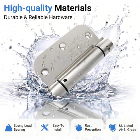 Two Pack Self Closing Door Hinges 3.5 Inch Satin Nickel Spring Loaded With Five Eighths Inch Radius Corner Adjustable Tension Auto Close
