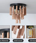 Three Light Boho Rattan Look Wood Ceiling Light Fixture In Oak And Black Finish Semi Flush Mount Farmhouse Chandelier