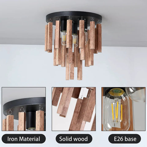 Three Light Boho Rattan Look Wood Ceiling Light Fixture In Oak And Black Finish Semi Flush Mount Farmhouse Chandelier