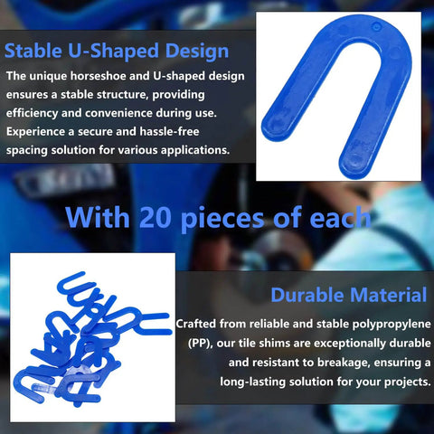 Heavy Duty Vehicle Lift Leveling Shim Kit With Grippy Polyethylene Wedges For Two And Four Post Stands, 20 blue U-shaped shims displayed.