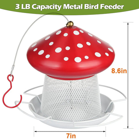 Heavy Duty Metal Mushroom Bird Feeder For Outdoor Hanging In The Garden Or Yard, Cute Red Bird Feeder That Attracts More Birds, Durable Outdoor Feeding Station For Wild Birds And A Cool Gift Idea, 7D×8.6H, 3 lb capacity