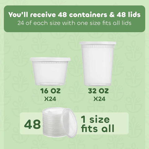48 Piece Deli Container Set With Lids, 16oz And 32oz Options, Leakproof Airtight Lids, Plastic Food Storage Stack