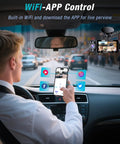 Man using phone app to control Four Channel 2.5K Dash Cam With Front Rear Left Right Coverage inside car