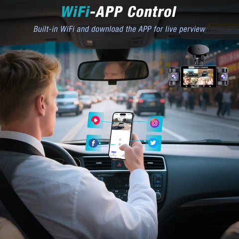 Man using phone app to control Four Channel 2.5K Dash Cam With Front Rear Left Right Coverage inside car