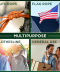 Collage showing Rugged All Purpose Rope One Quarter Inch And Three Eighths Inch Diamond Braided Polypropylene Nylon Cord for various uses