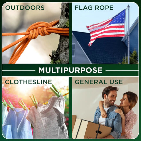 Collage showing Rugged All Purpose Rope One Quarter Inch And Three Eighths Inch Diamond Braided Polypropylene Nylon Cord for various uses