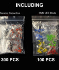 Massive 1400 Piece Electronics Component Kit With Six Types For DIY Projects For Makers Including Electrolytic Capacitors Three Millimeter LED Diodes Through Hole Diodes Resistors Ceramic Capacitors And Transistors For Prototyping And Repairs view of ceramic capacitors and 3mm LED diodes in bags