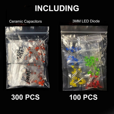 Massive 1400 Piece Electronics Component Kit With Six Types For DIY Projects For Makers Including Electrolytic Capacitors Three Millimeter LED Diodes Through Hole Diodes Resistors Ceramic Capacitors And Transistors For Prototyping And Repairs view of ceramic capacitors and 3mm LED diodes in bags