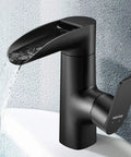 Matte Black Bathroom Faucet With Modern Waterfall Spout, 360 Degree Swivel, Single Hole Deck Mount, ABS Construction