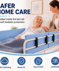 Set Of Two Large Bed Rail Padding Covers Measuring 72 By 15 By 1 Inches, blue PU leather, installed on bed with elderly woman
