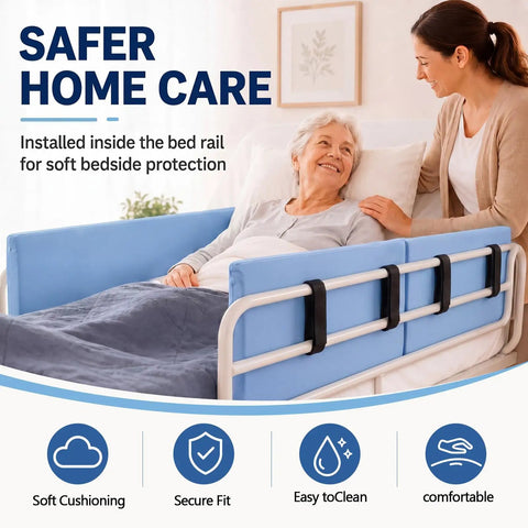 Set Of Two Large Bed Rail Padding Covers Measuring 72 By 15 By 1 Inches, blue PU leather, installed on bed with elderly woman