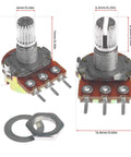 Potentiometer Kit 40 Pieces WH148 Assortment With 10 Resistance Values B1K 2K shown with washers and nuts, 15mm linear taper, 3-pin