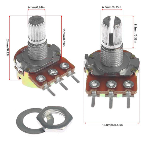 Potentiometer Kit 40 Pieces WH148 Assortment With 10 Resistance Values B1K 2K shown with washers and nuts, 15mm linear taper, 3-pin