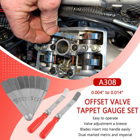 A308 offset valve tappet gauge set with 11 blades, 0.004–0.014 in, two red-handled feeler gauges near engine.