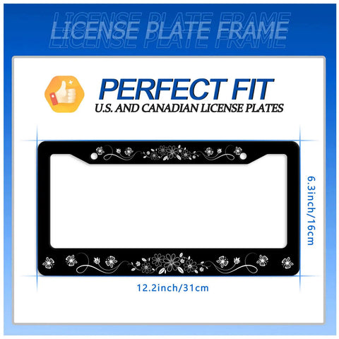 Stainless Steel License Plate Frame Floral Daisy Butterfly Design With Screws Cute Floral Car Accessories Fits Standard 12.3 By 6.3 Inches US Canada Plates Non Blocking Street Legal Dope Flower Car Decor