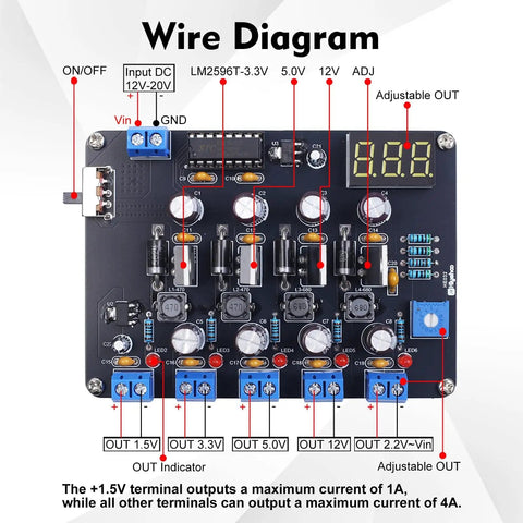 Wire diagram for Adjustable LM2596 Power Supply Soldering Kit with labeled components and digital display.