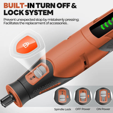 Close-up view of Cordless 4V Rotary Tool Kit With All In One 64 Piece Accessory Set 2500mAh LiIon Battery Five Speed Dial.