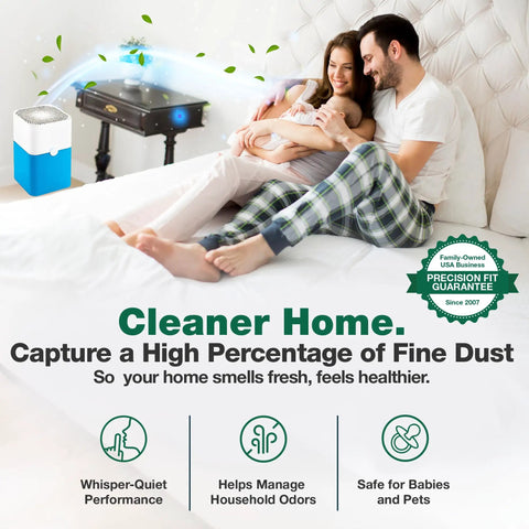 Family relaxing on bed near 4 Pack Replacement Particle And Activated Carbon Filters For 211 Plus Foldable Air Purifiers Compatible With 211 Series