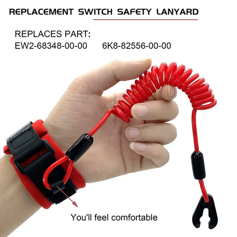 Emergency Kill Switch Lanyard Replacement for Jet Ski, red coiled safety cord with aluminum buckle shown on wrist