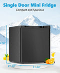 Slick 1.6 Cubic Foot Compact Mini Fridge With Freezer And Small Upright Kitchen Unit dimensions shown against snowy backdrop.