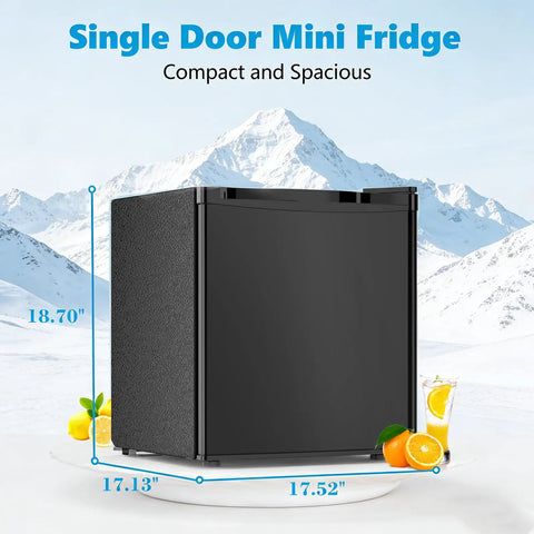Slick 1.6 Cubic Foot Compact Mini Fridge With Freezer And Small Upright Kitchen Unit dimensions shown against snowy backdrop.