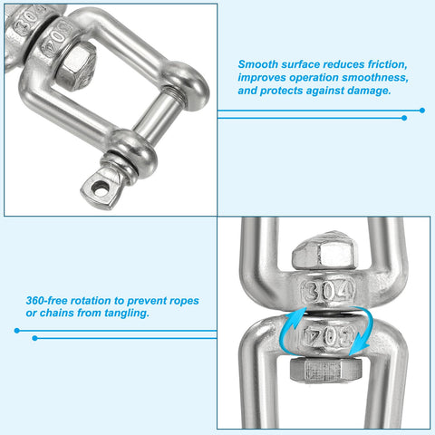 Close-up of Double Shackle Swivel Hook M8 Working Load 475kg 1047lbs 304 Stainless Steel showing markings and details.