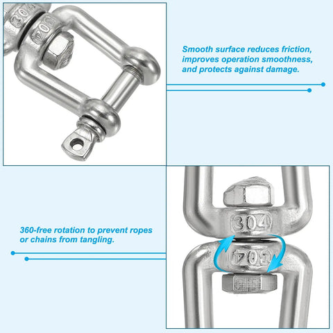 M6 Jaw To Jaw Swivel Shackle Forged From 304 Stainless Steel Holding Down A Badass 661 Pound Load Rating close-up showing smooth rotation and detailed structure.
