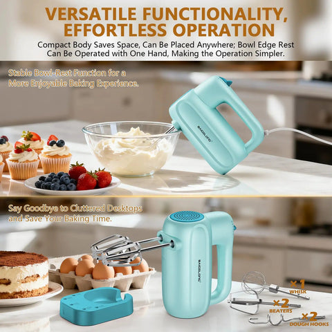 Slick Handheld Electric Mixer With 5 Speed Settings And Smart Storage Base For Effortless Baking Whipping And Cake Mixing Comes With Five Hella Durable Stainless Steel Attachments In Bold Blue on kitchen counter.