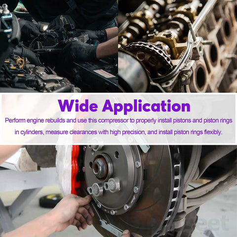 Swpeet piston ring compressor and adjustable piston installation tool kit in use on a car engine